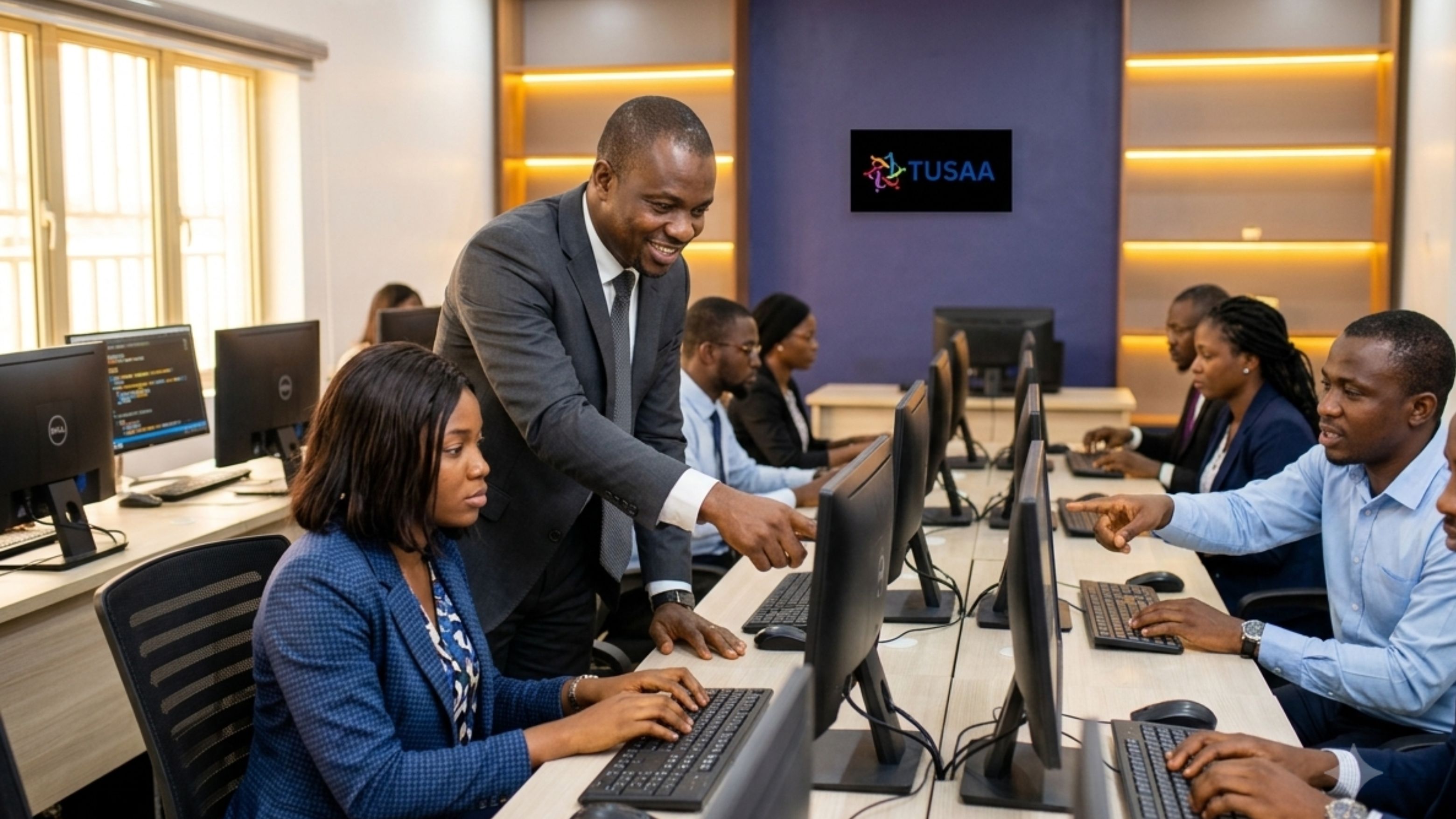 Mentor guiding students in the TUSAA computer lab