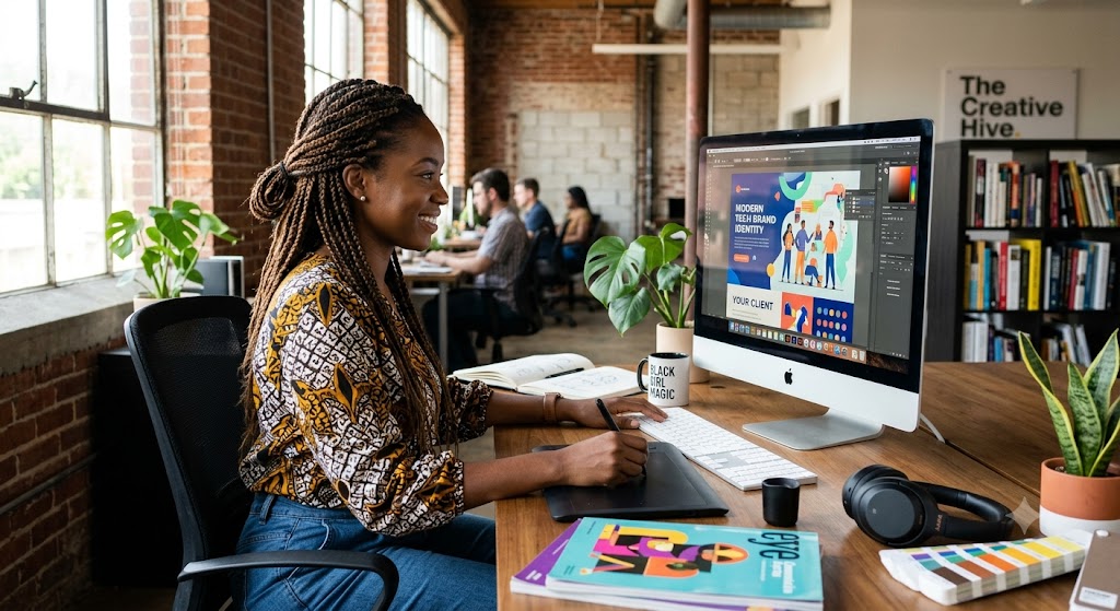 A TUSAA-trained creative at her workstation